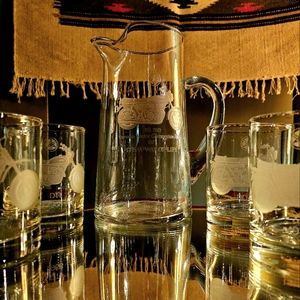 Vintage Commemorative Yamaha Glass Pitcher with 4 Glasses